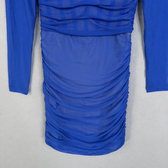 Nookie Dress Womens Medium Blue Ruched Mesh Vision Bodycon Mini Cocktail NWT - Picture 3 of 10